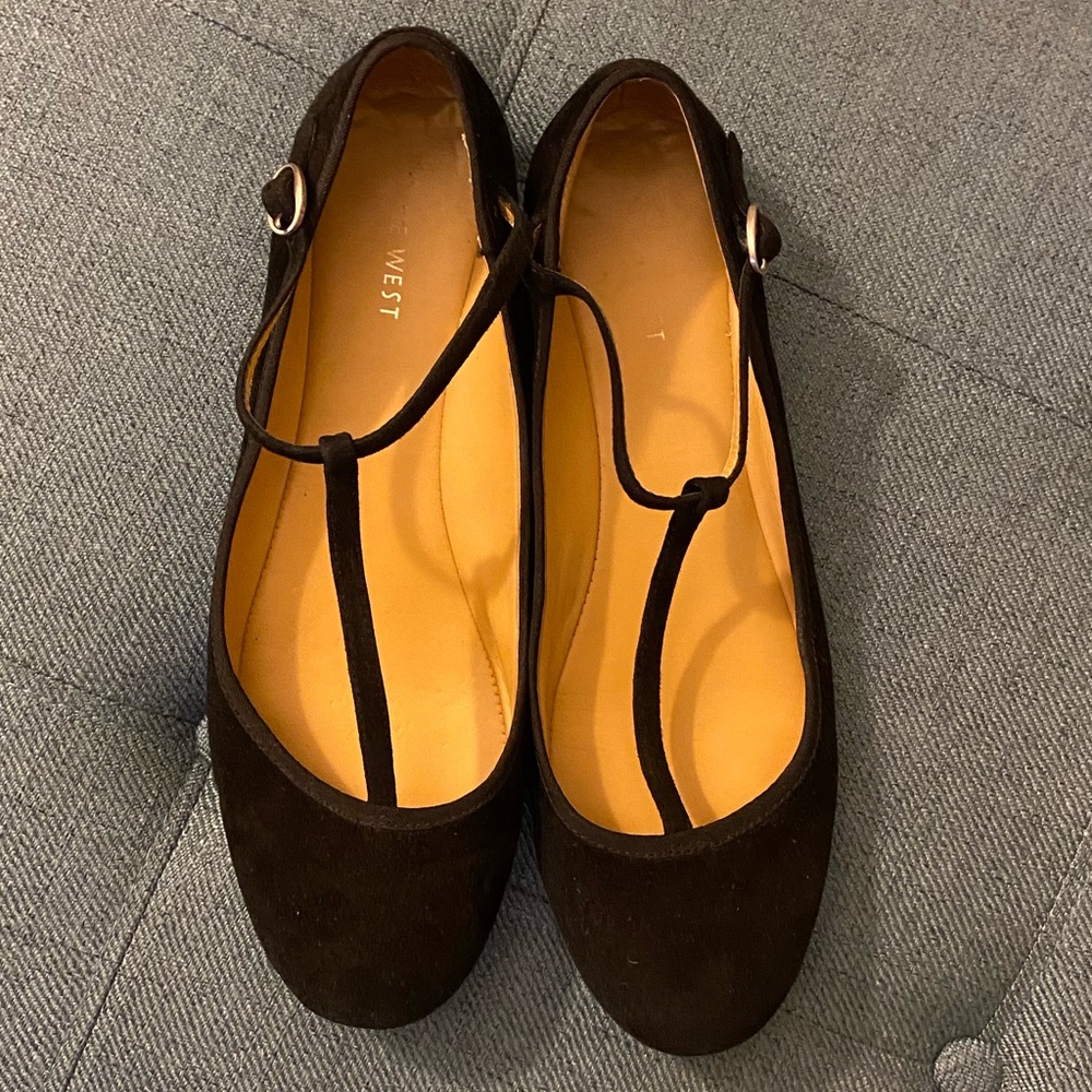 Nine West Mary Jane black suede ballet flats adjustable ankle strap buckle 8.5